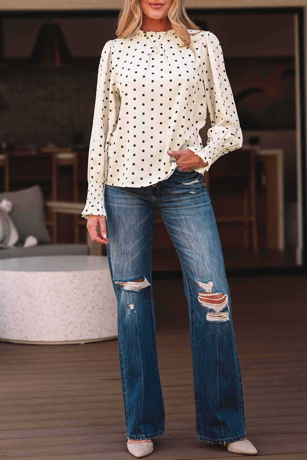 Polka Dot Lantern Sleeve Blouse