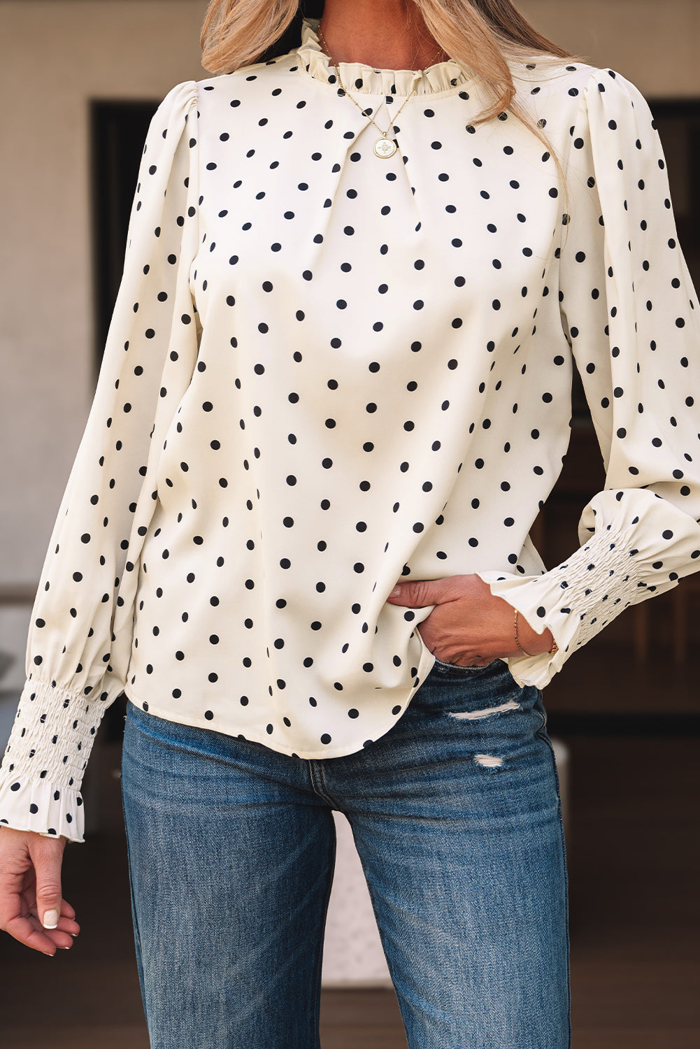 Polka Dot Lantern Sleeve Blouse