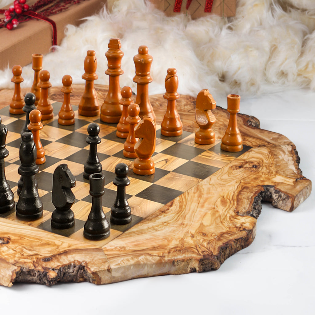 Handcrafted Olive Wood Chess Set with Natural Edges
