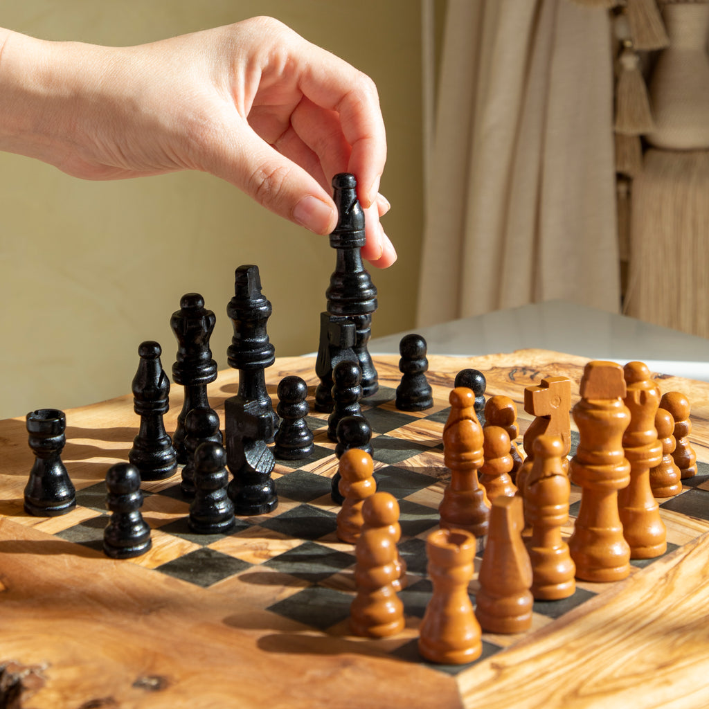 Handcrafted Olive Wood Chess Set with Natural Edges